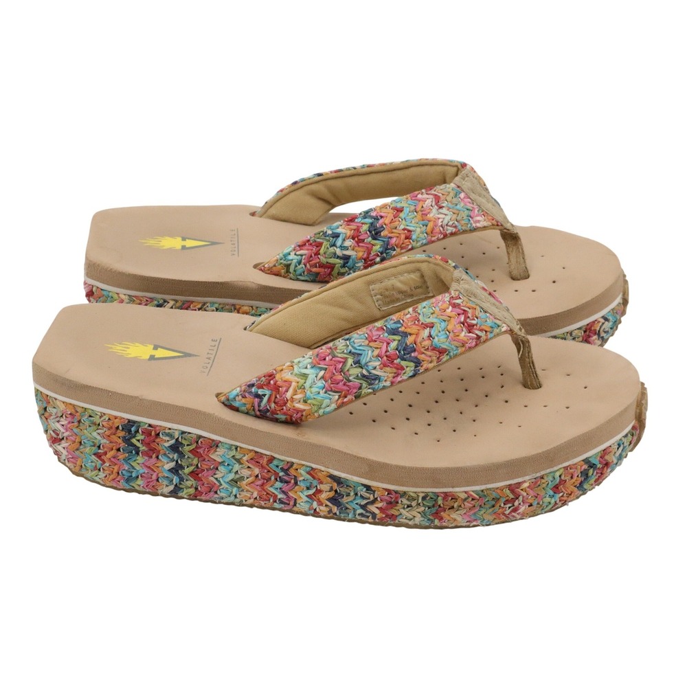 Volatile Palau Platform Wedge Flip Flops Multicolor Woven Raffia Sandals 7